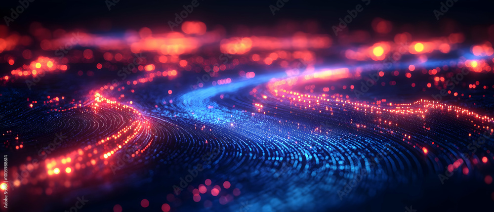 Poster abstract digital wave patterns with vibrant lights in blue and orange on a dark background.