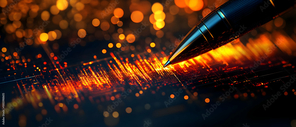 Poster close-up of a pen creating an elegant design with sparkles, reflecting innovation and creativity in 