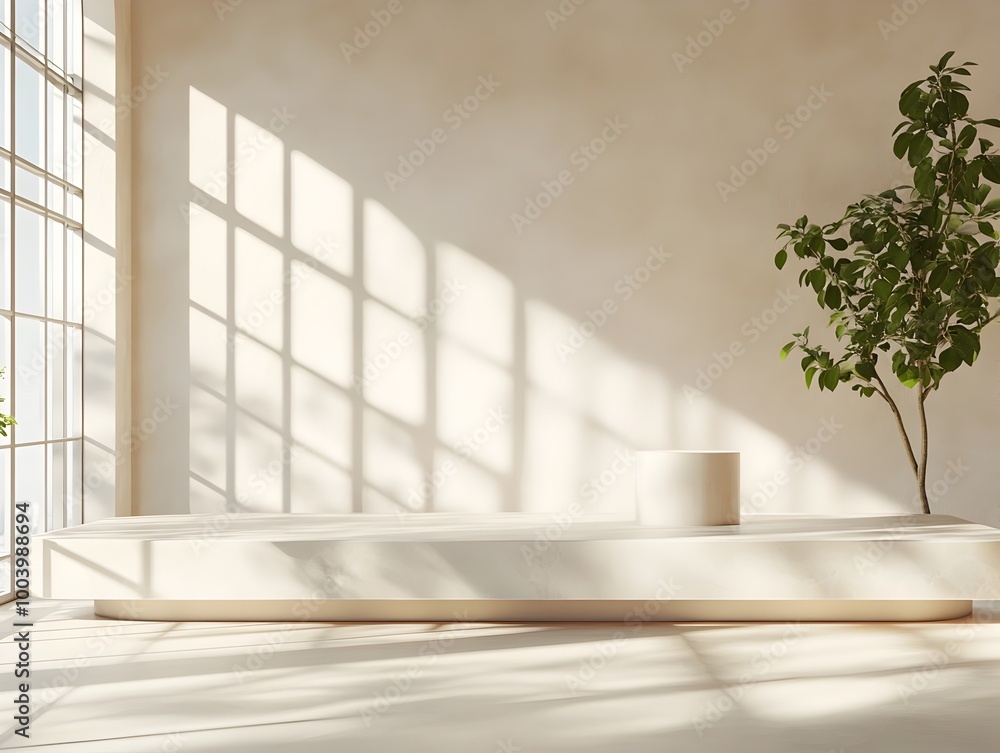 Poster serene and modern 3d interior design studio space featuring a clean minimalist aesthetic with a soft