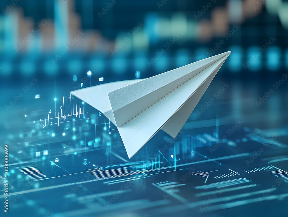 Poster a paper airplane flying over digital graphs and data, representing innovation and progress in techno