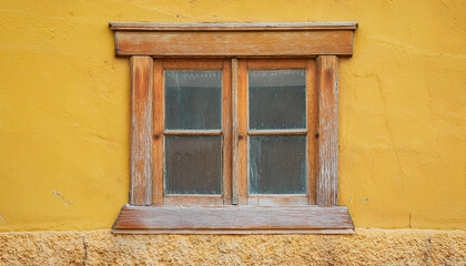 Fototapeta premium Window with weathered wooden frame, rough yellow cement wall. Natural wood. Building exterior.