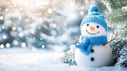 Sparkling snow and a joyful snowman in a festive banner with room for promotions