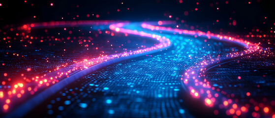 Fototapeta premium Vibrant digital pathway with glowing lights in blue and pink on a dark background, evoking a sense of innovation and motion.