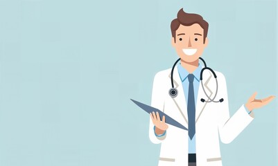 Fototapeta premium Illustration of a cheerful doctor holding a clipboard, wearing a stethoscope, and gesturing with a welcoming smile on a light background..