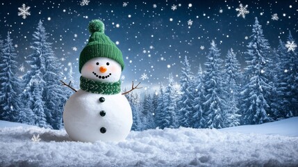 Fototapeta premium Holiday banner featuring a happy snowman and space for personalized text