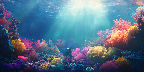 Naklejka premium Vibrant Underwater Coral Reef with Sunlight