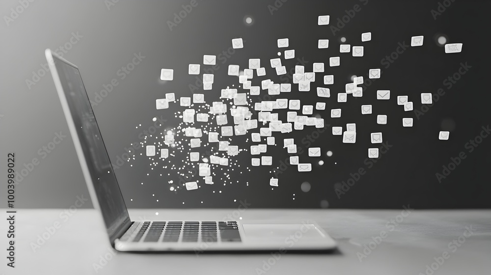 Poster Laptop Keyboard with Chat Bubbles Rising from Between the Keys Like Steam Representing Digital Idea in a Modern Workspace or Office Setting