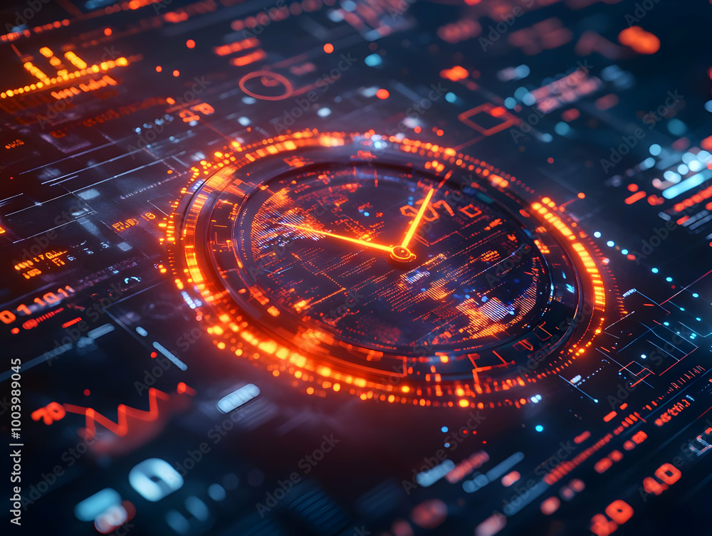 Poster futuristic digital clock interface with glowing elements and data visuals.