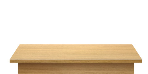 Wood table with perspective view. Wooden desk isolated on transparent background with top front view. Realistic kitchen board vector illustration. Rustic countertop of timber surface.
