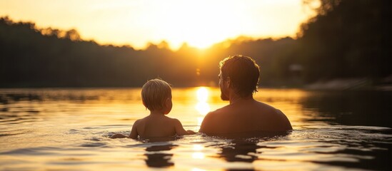 A father and son swim together in a lake at sunset.