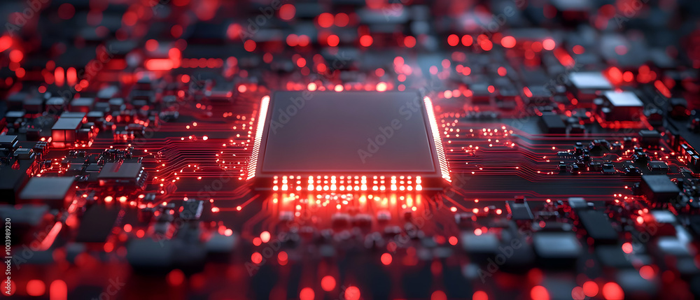Poster close-up of a computer circuit board glowing with red lights, showcasing intricate details in a digi