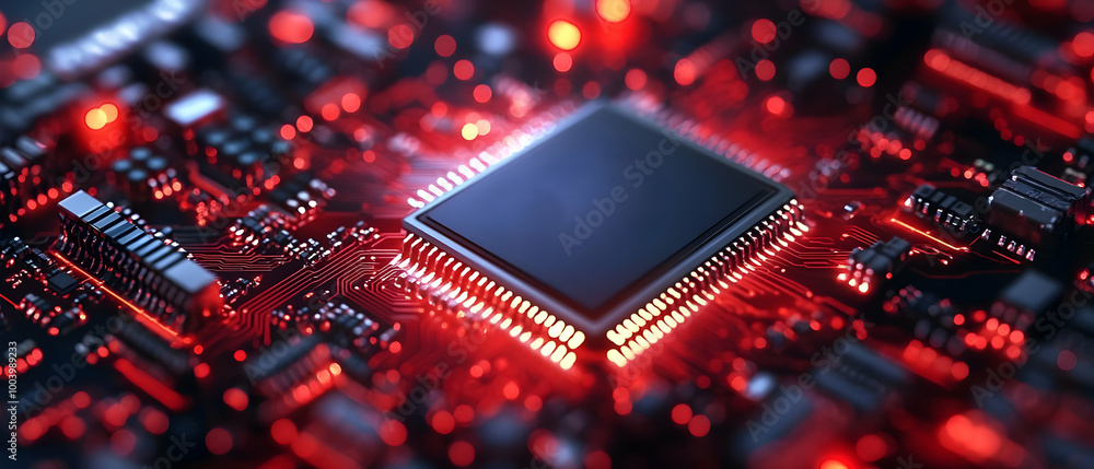 Poster close-up of a red illuminated microchip on a circuit board, showcasing intricate details and electro