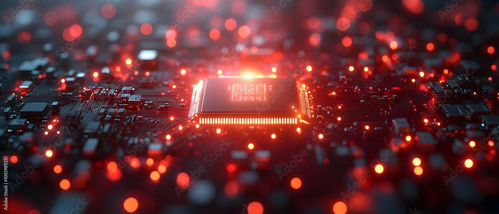 Poster futuristic microprocessor with glowing circuits on a dark background, showcasing advanced technology