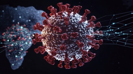 Close-up of 3D Coronavirus Particle with Network Connections