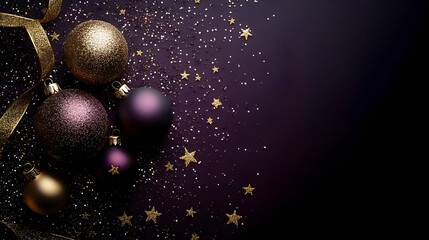 Decorative Christmas ornaments with glitter and stars on a dark background, perfect for holiday-themed designs.