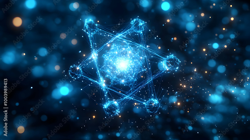 Poster abstract representation of a molecular structure with glowing particles on a blue background.