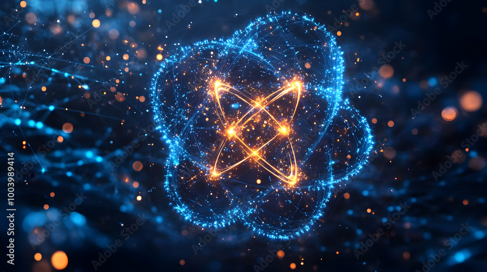 Poster abstract representation of atoms, glowing particles in a dynamic cosmos creating an intricate patter
