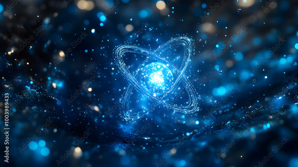 Poster abstract representation of an atom with blue glowing particles, creating a cosmic and dynamic effect