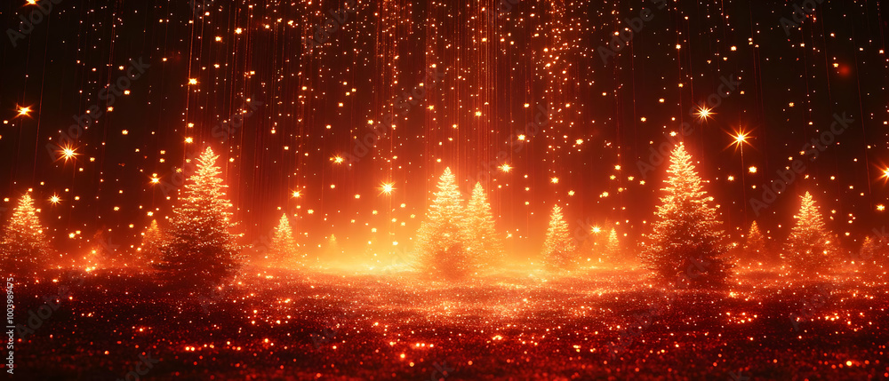 Poster magical winter scene with glowing trees and sparkling lights, creating a warm festive atmosphere.