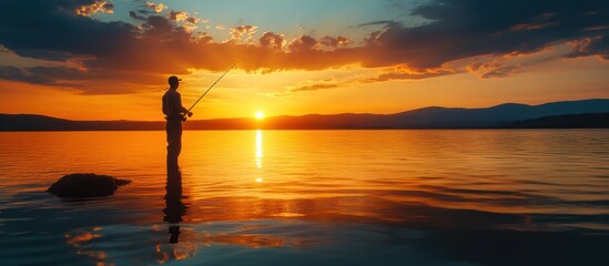 A lone fisherman casts a line into the still water of a lake as the sun sets behind him, casting a golden glow over the scene.