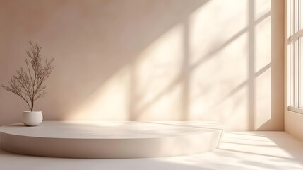 Serene and airy 3D studio room setting with warm pastel background light filled interior empty floor and wall minimalist product podium