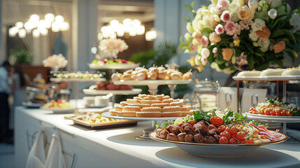 A professional, elegant catering setup with a large buffet table featuring gourmet dishes, beautifully arranged in a luxurious event space. decorated with fresh flowers and stylish tableware.