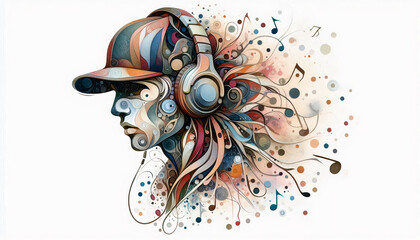 A creative portrait of a person wearing headphones, designed with swirling musical notes and abstract patterns