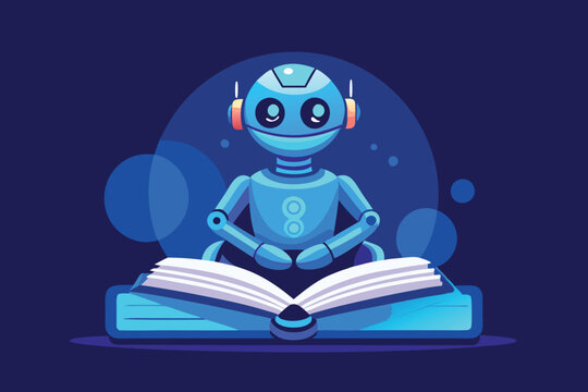 recommend clip art: a stylized robot sitting on upright book in 'the thinker' H.eps
