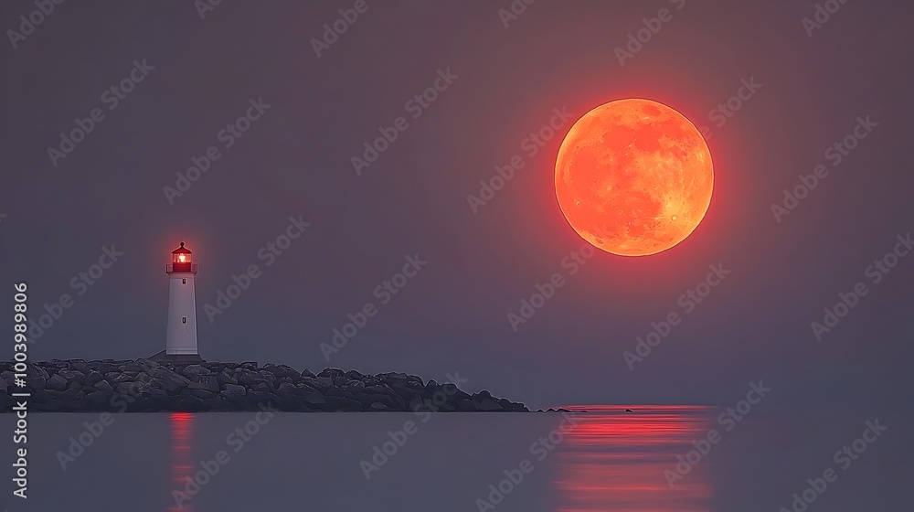 Poster majestic full moon rising over a calm serene ocean with a picturesque lighthouse silhouetted in the 