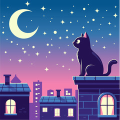 a cat sits on a roof with the moon above it
