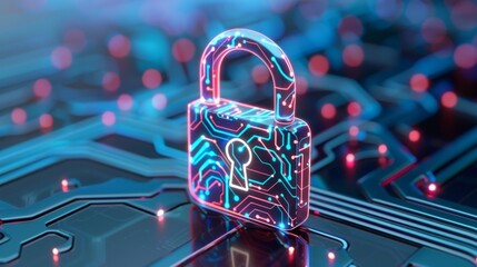 Digital Security and Protection Concept, blue 3d padlock with keyhole and circuit board patterns, symbolizing encryption, data protection, and modern cybersecurity technology.
