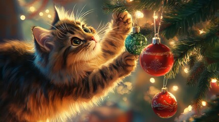 Fluffy cat curiously playing with ornaments on a brightly lit Christmas tree, festive decor