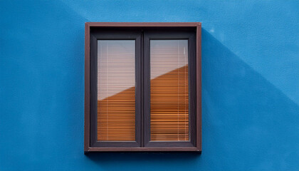 Fototapeta premium Modern window with a dark wooden frame embedded in vibrant blue stucco wall. Minimalist exterior.