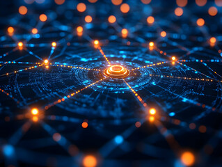 Abstract digital network with glowing nodes and connections on a dark background.