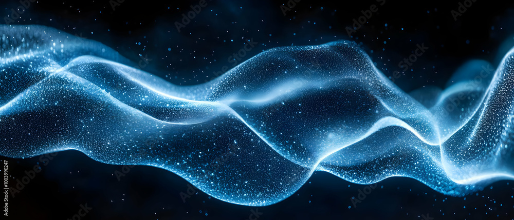Poster abstract wave of luminous particles on a dark background, creating a sense of depth and movement.