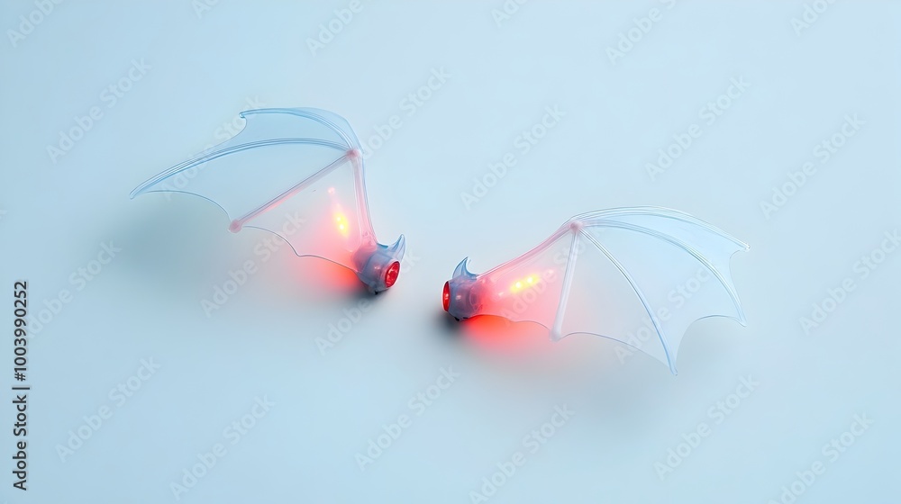 Poster Mesmerizing and Futuristic Glowing LED Bat Wings Laid Flat on a White Surface with a Subtle Reflection Showcasing a Captivating and Innovative Technological Concept