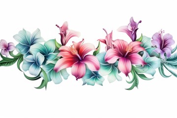 Obraz premium Tropical flowers borders iridescent pattern plant white background.