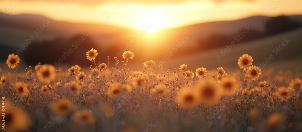 Poster sun setting over a field of wildflowers with a soft focus.