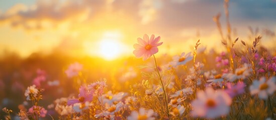 Sunset illuminating a field of pink and white wildflowers.