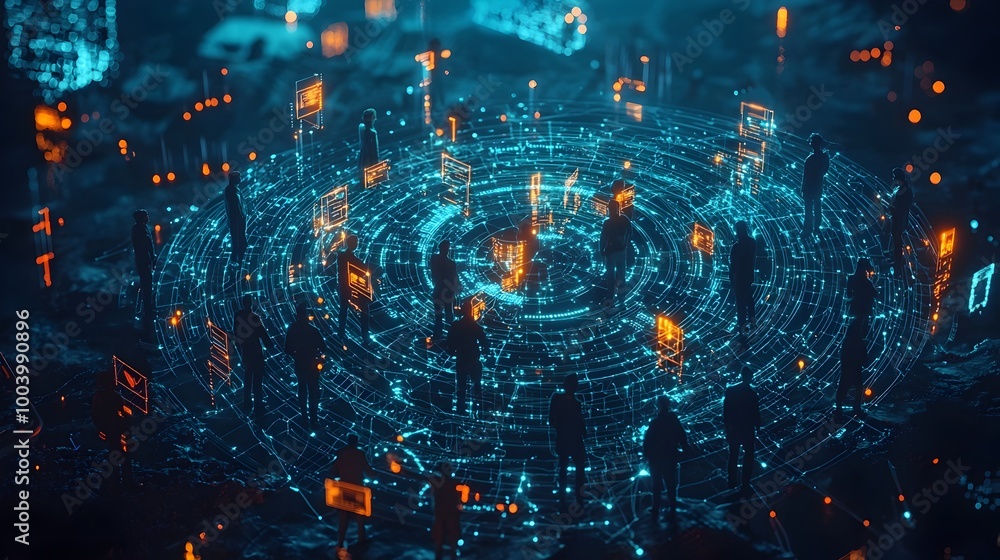 Poster of people in a circle formation connected by glowing digital lines symbolizing their collaborative interactions and relationships within a technology driven networked community