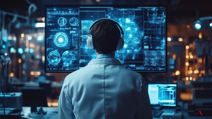 Scientist analyzing data on multiple screens in futuristic lab, high-tech research, laboratory, innovation, data visualization, headphones, digital technology, advanced research, scientific progress