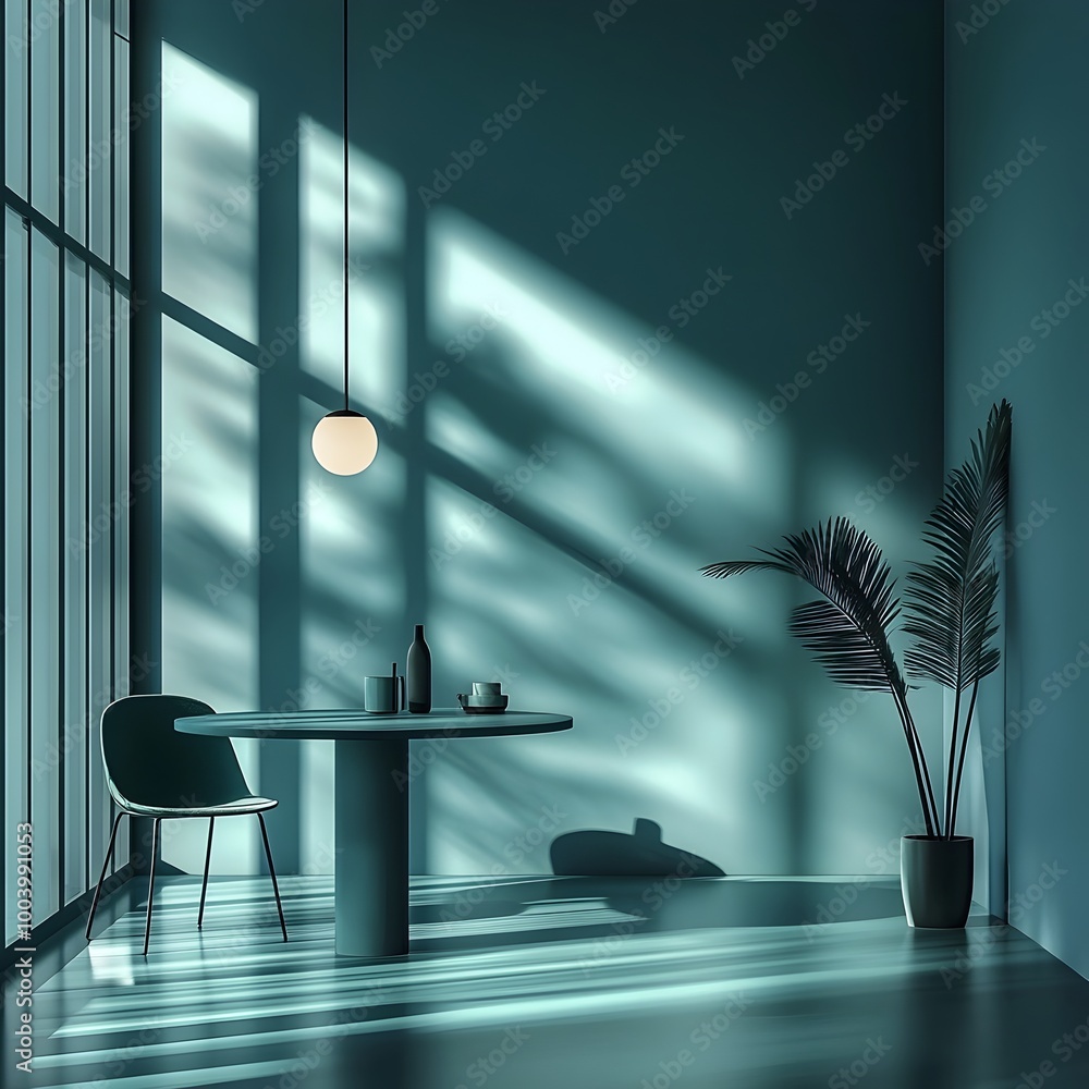 Poster elegant teal colored 3d studio setting with an open floor plan bare essentials and dramatic shadows 