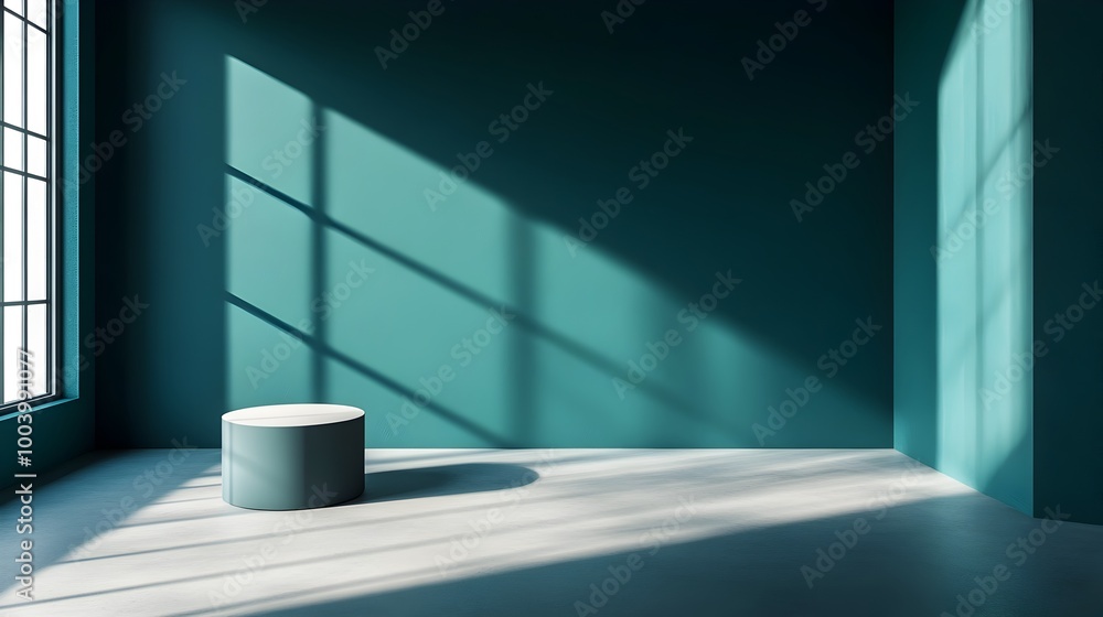 Poster elegant and tranquil 3d rendering of a serene studio space with teal accent walls clean lines geomet