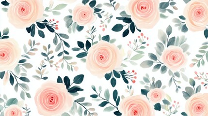 Elegant Watercolor Floral Pattern with Pastel Roses and Greenery