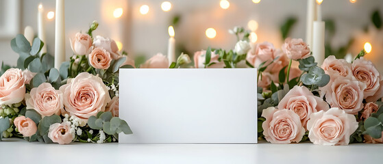 Fototapeta premium Beautiful arrangement of pink roses and candles with a blank space for text, perfect for weddings or romantic settings.