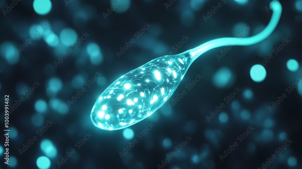 Aufkleber a glowing sperm cell moves energetically through a dynamic blue background filled with shimmering pa