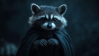 Obraz premium A raccoon wearing a black cape against a dark background, showcasing a whimsical and intriguing character.
