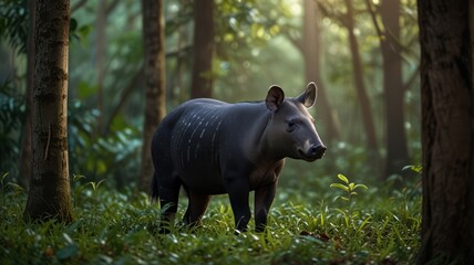 realistic illustration of a tapir in the forest, tapir is an endangered animal