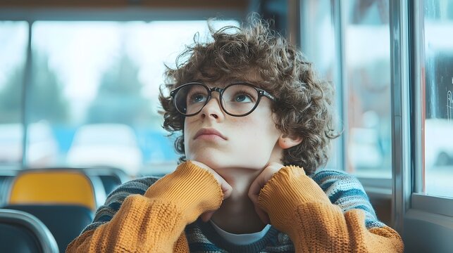 Pensive Teenage Student Sitting at Desk and Staring Blankly Out Classroom Window Conveying a Sense of Daydreaming and Escapism from the Learning Environment - Powered by Adobe