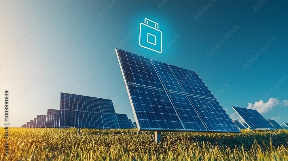 Poster renewable energy solar panel field with floating battery icon under clear blue sky representing the 